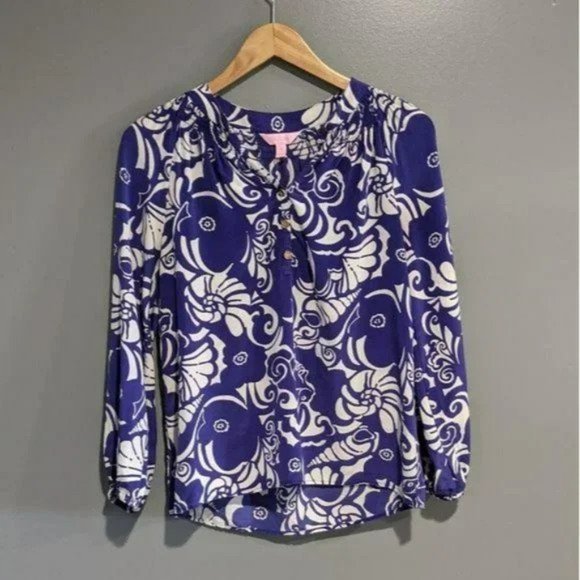 Lilly Pulitzer Elsa blue white silk tide pools seashell blouse size XS - Picture 2 of 5